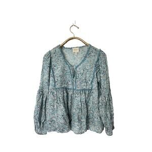 Haute Hippie Tribe‎ M Blue Paisley Peasant Blouse Top Long Sleeves Womens boho